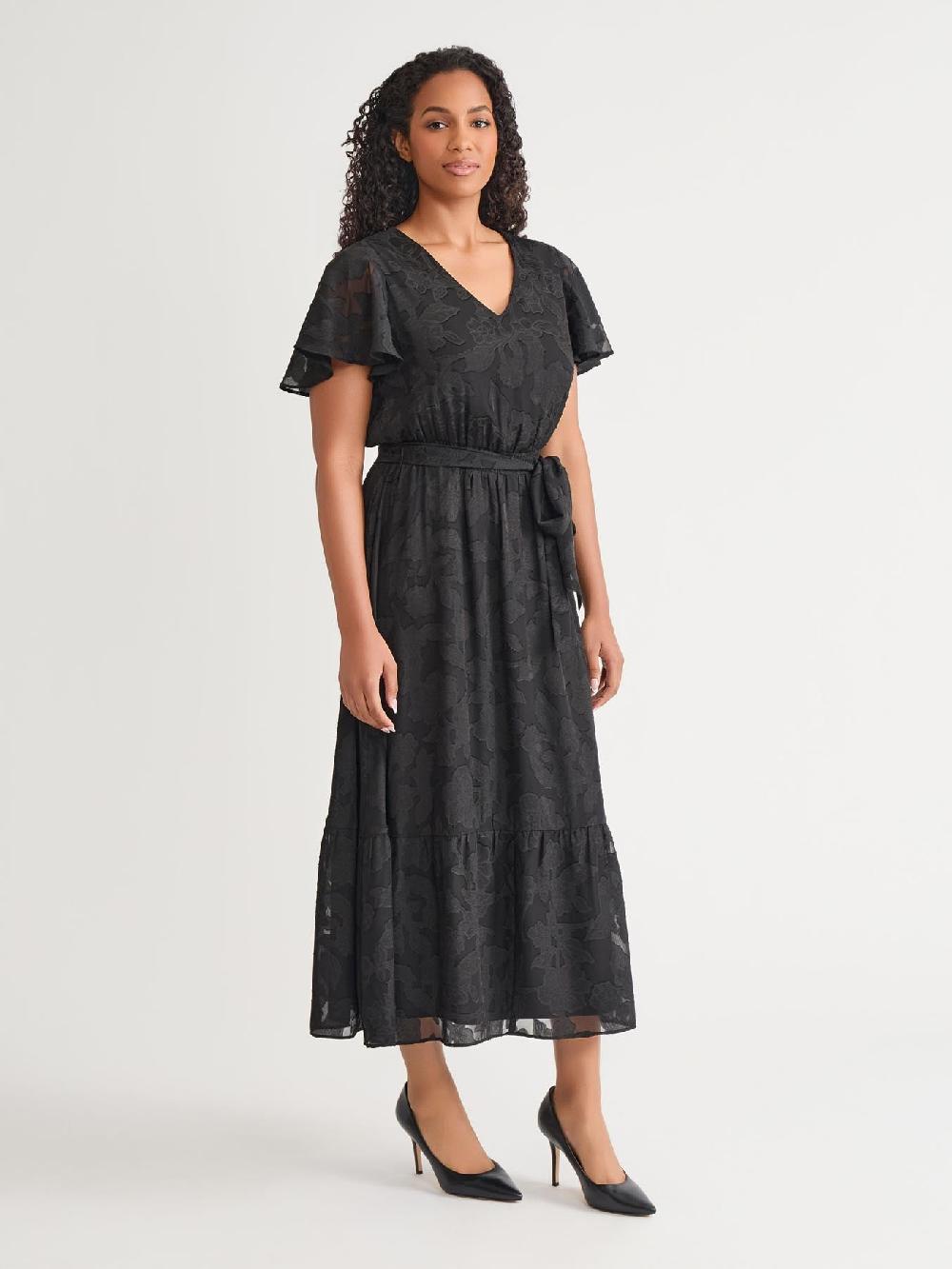 Kasper Flutter Sleeve Smocked Waist Dress Black