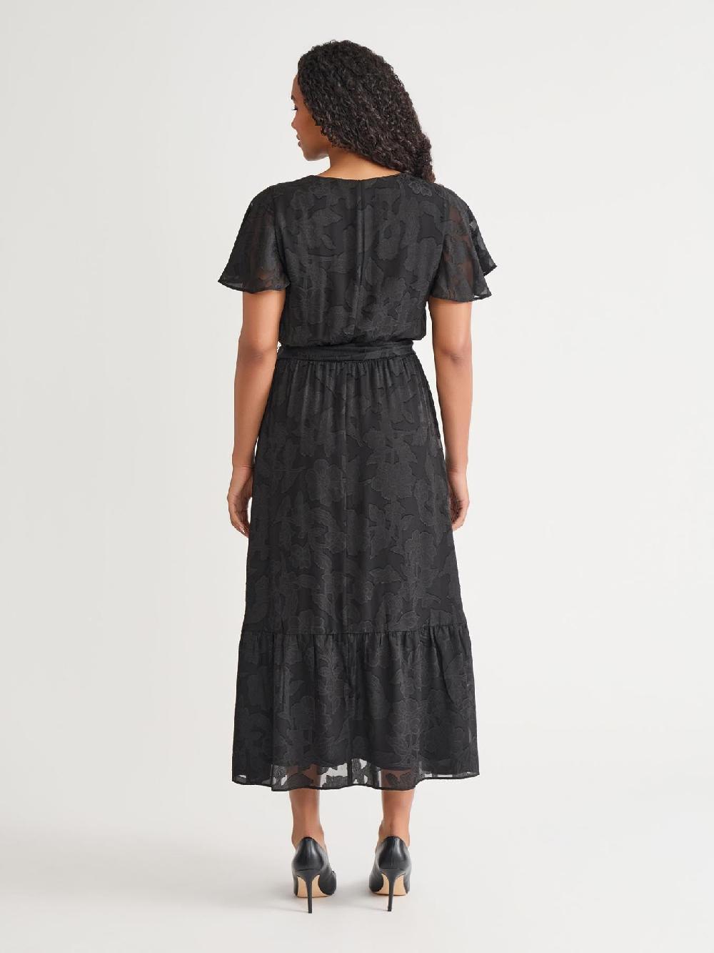 Kasper Flutter Sleeve Smocked Waist Dress Black