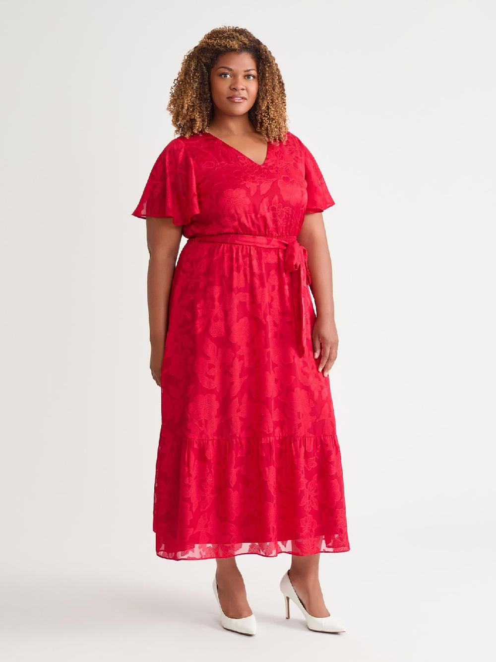 Kasper Flutter Sleeve Smocked Waist Dress Crimson