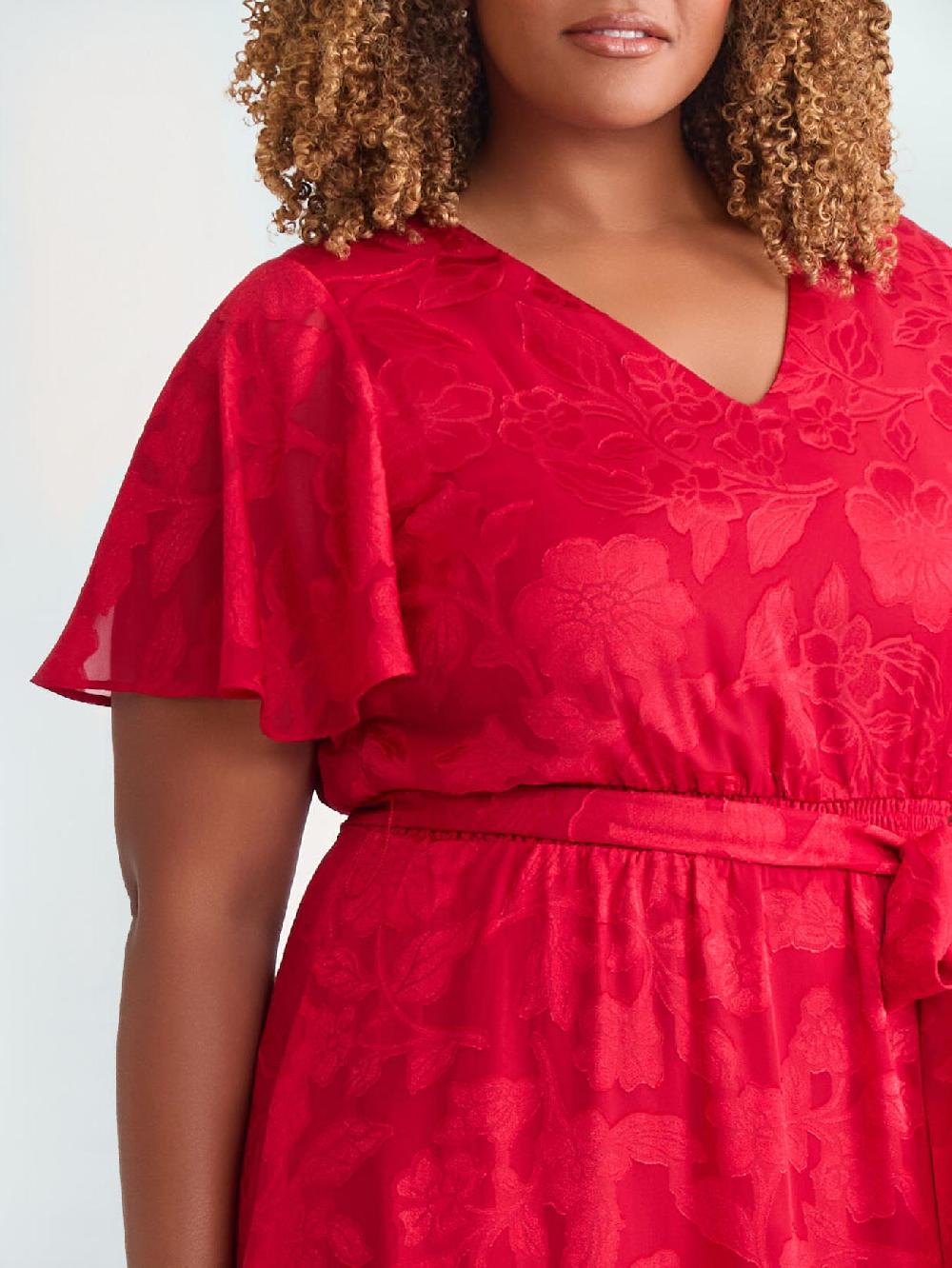 Kasper Flutter Sleeve Smocked Waist Dress Crimson