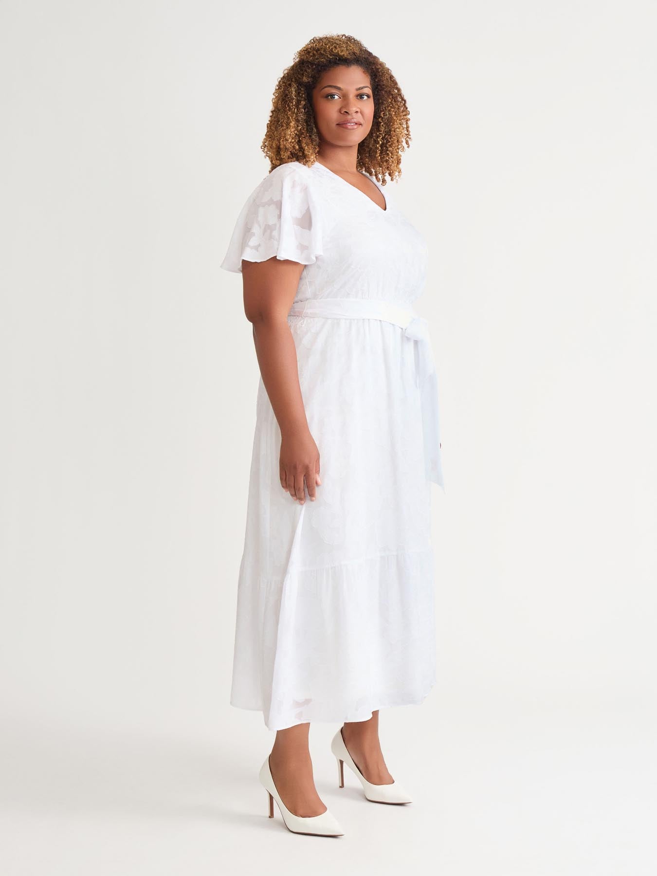 Kasper Flutter Sleeve Smocked Waist Dress White