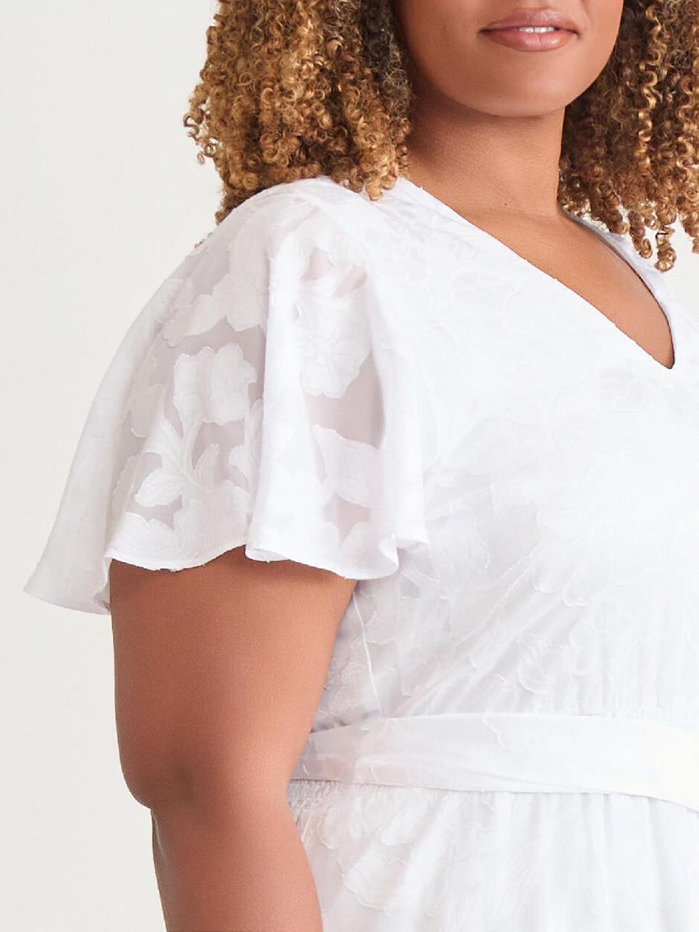 Kasper Flutter Sleeve Smocked Waist Dress White