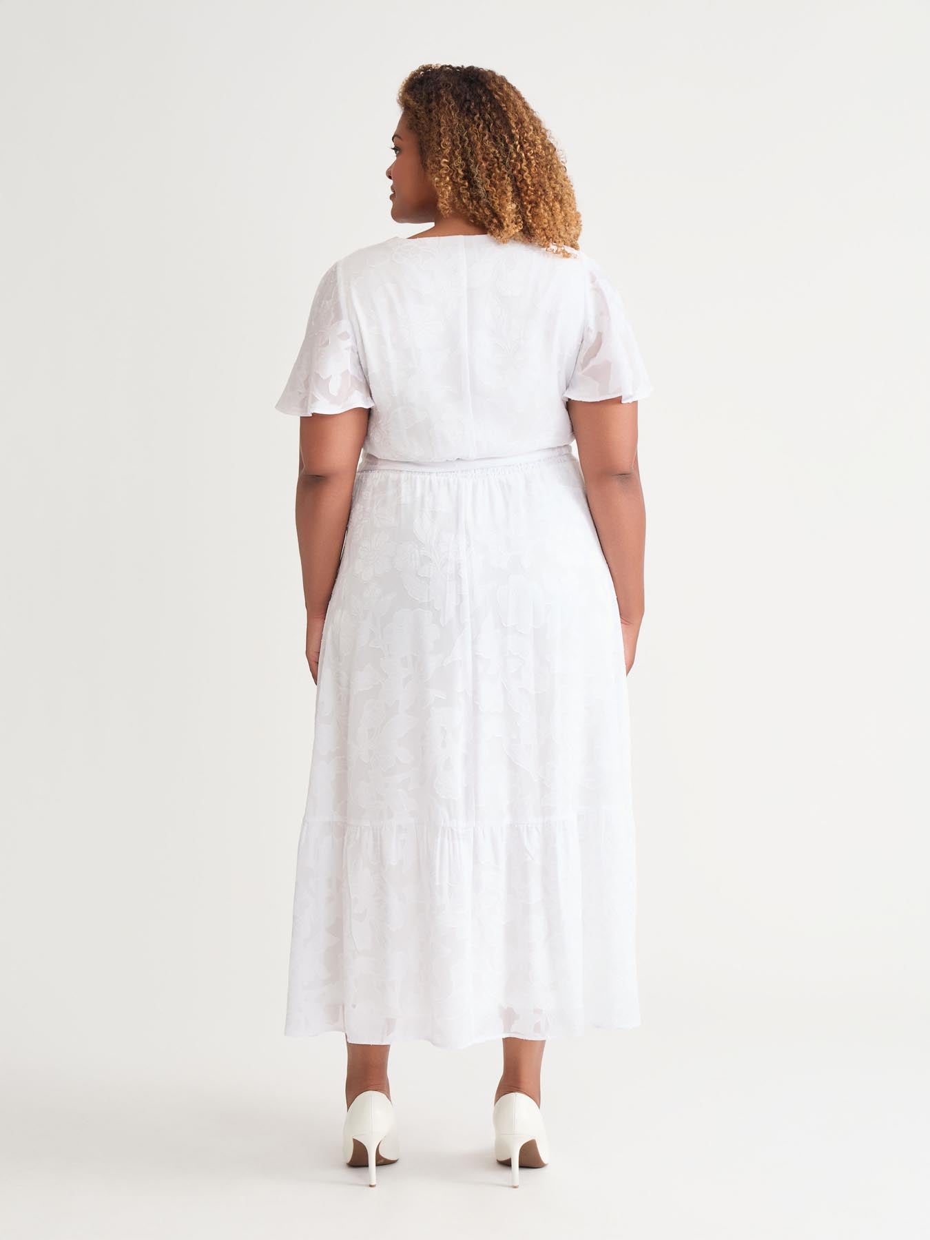 Kasper Flutter Sleeve Smocked Waist Dress White