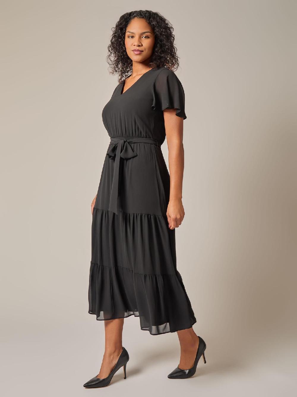 Kasper Flutter Sleeve Tiered Dress Black