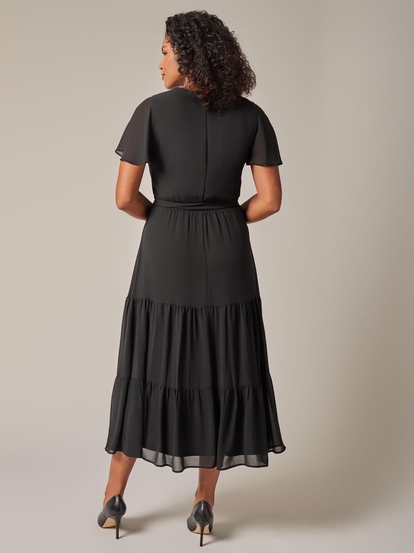 Kasper Flutter Sleeve Tiered Dress Black