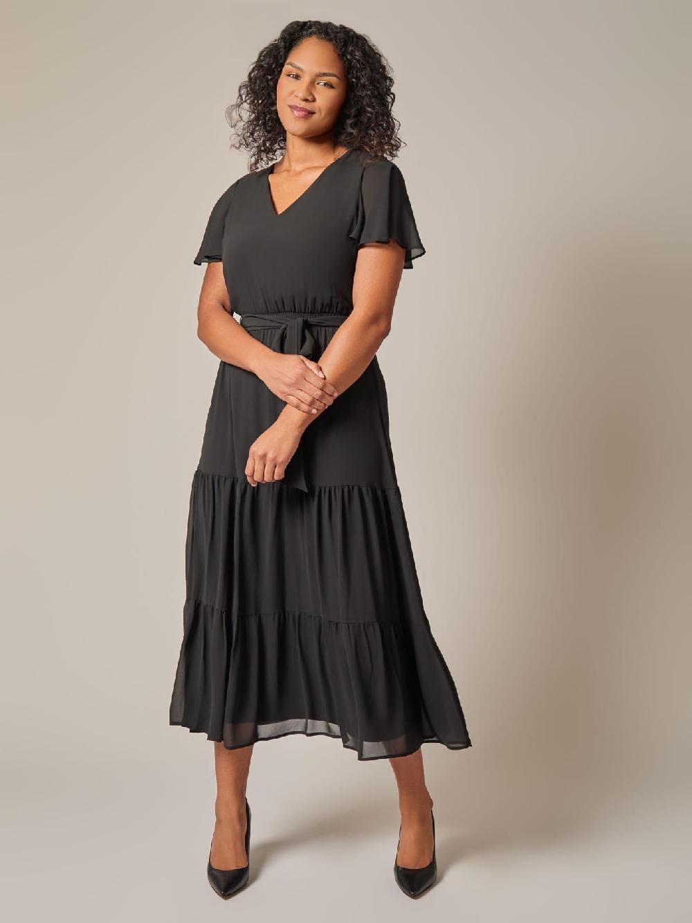 Kasper Flutter Sleeve Tiered Dress Black