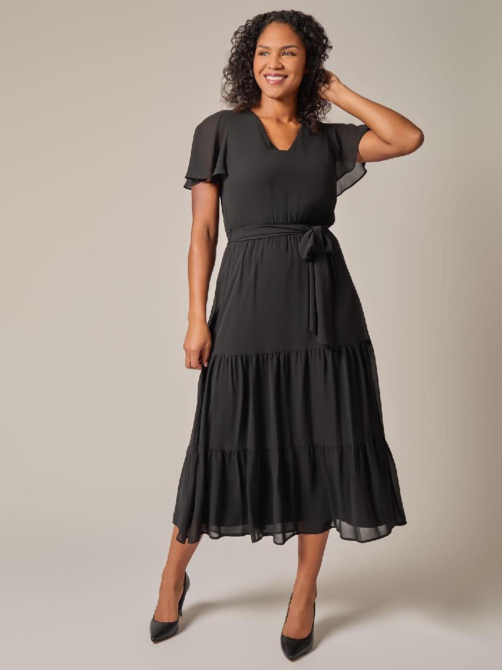 kasper Flutter Sleeve Tiered Dress Black