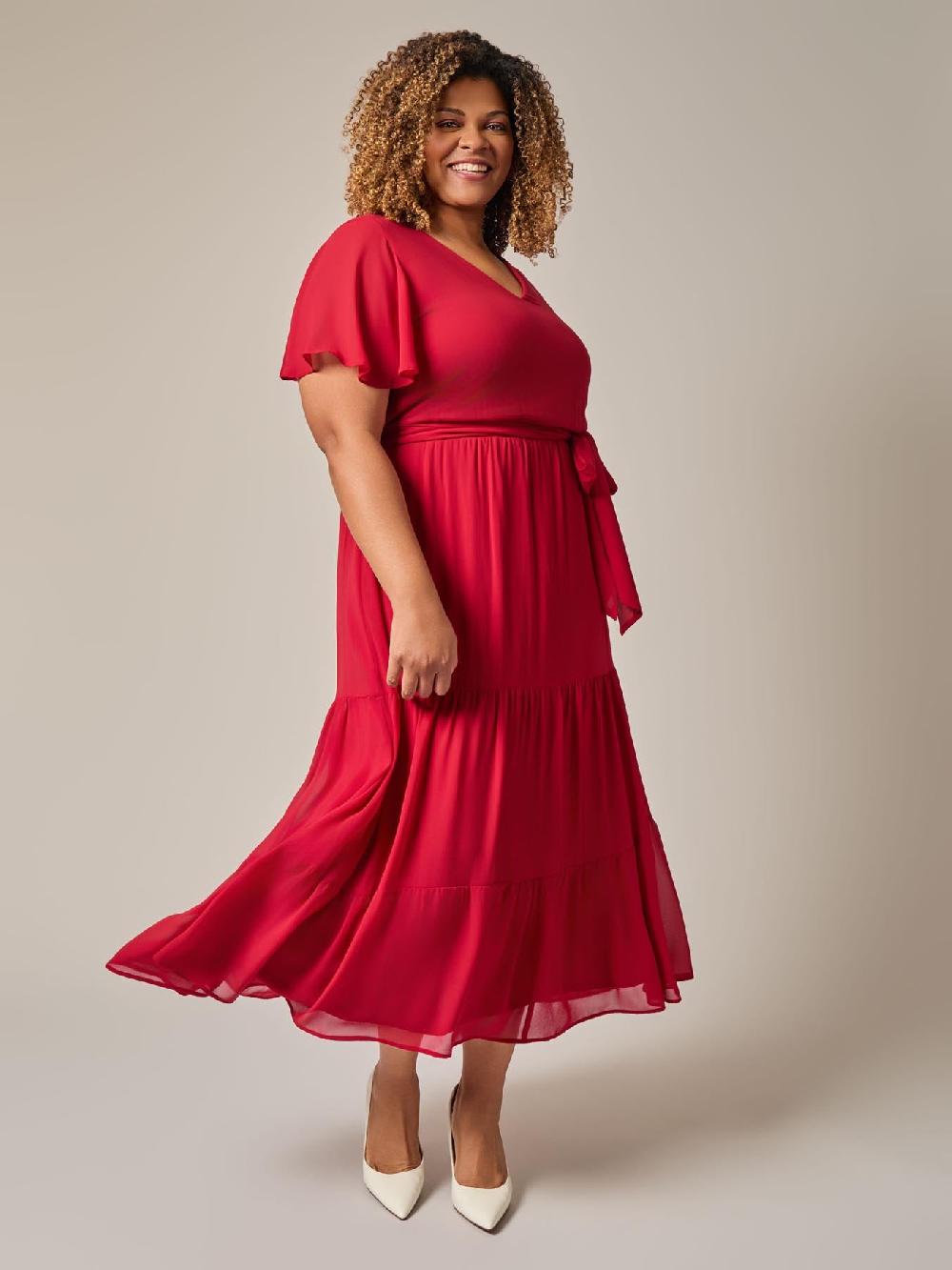 Kasper Flutter Sleeve Tiered Dress Crimson