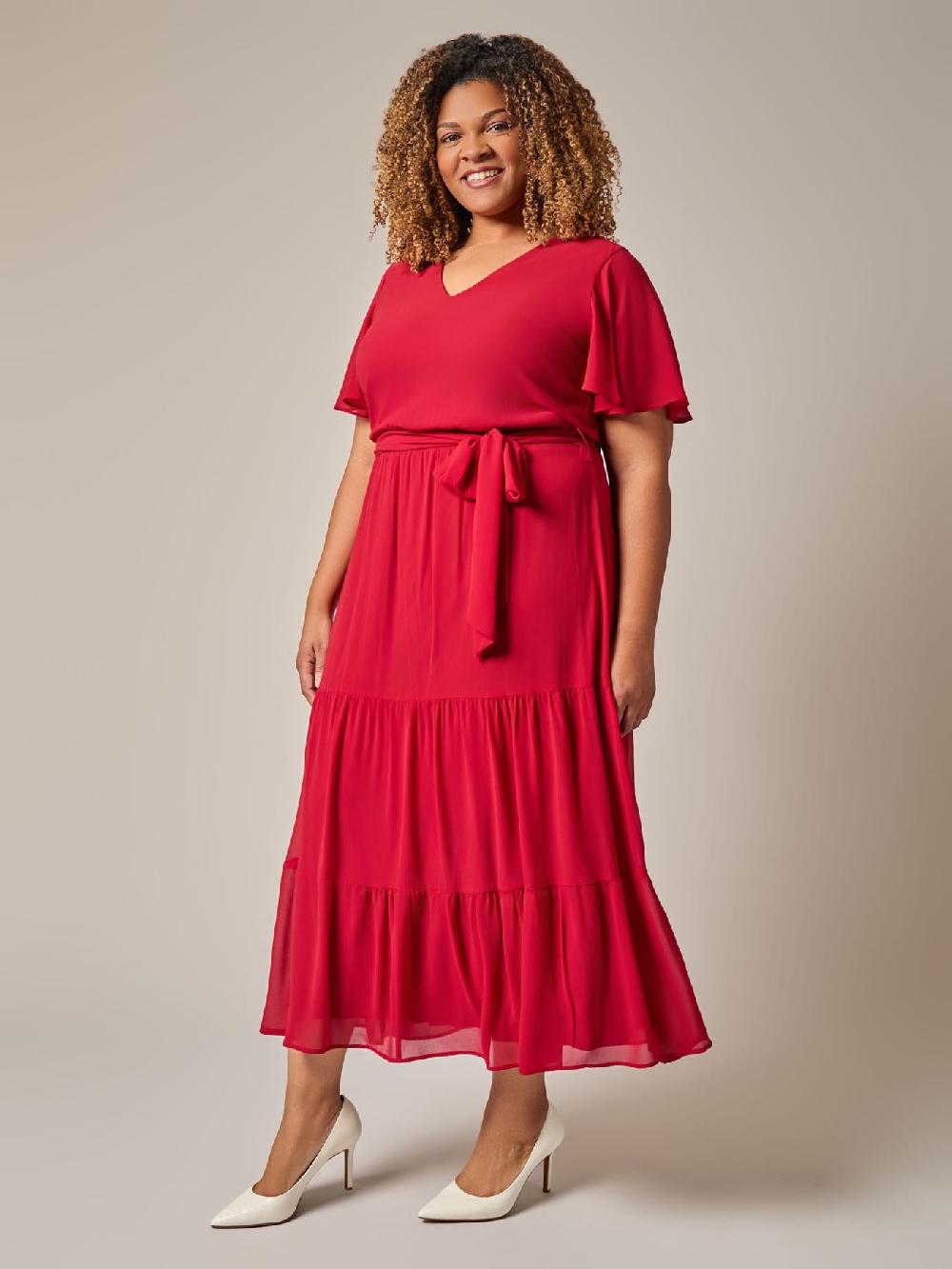 Kasper Flutter Sleeve Tiered Dress Crimson