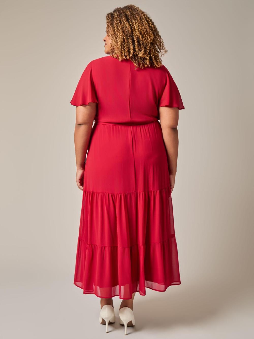 Kasper Flutter Sleeve Tiered Dress Crimson