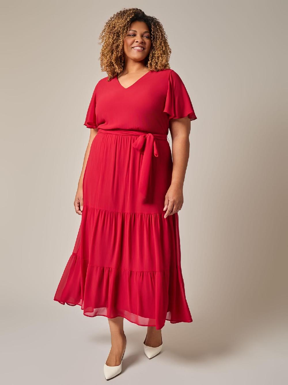 kasper Flutter Sleeve Tiered Dress Crimson