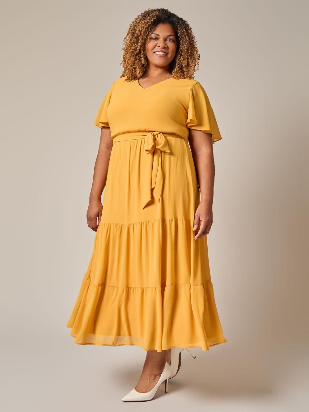 Kasper Flutter Sleeve Tiered Dress Gold Signature