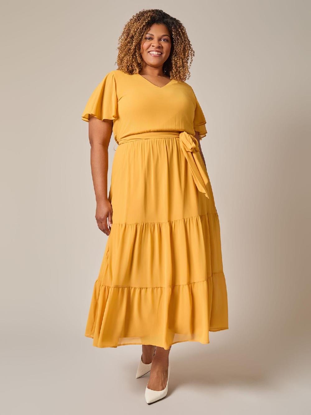 kasper Flutter Sleeve Tiered Dress Gold Signature