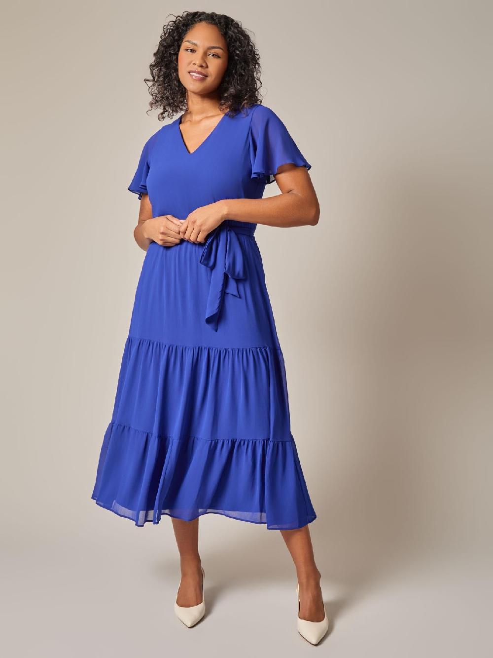 kasper Flutter Sleeve Tiered Dress Royal Signature