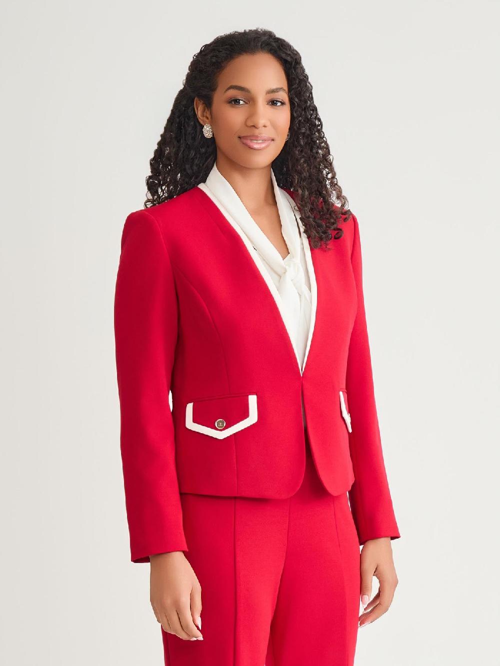 Kasper Framed Collarless Jacket Crimson/Cream