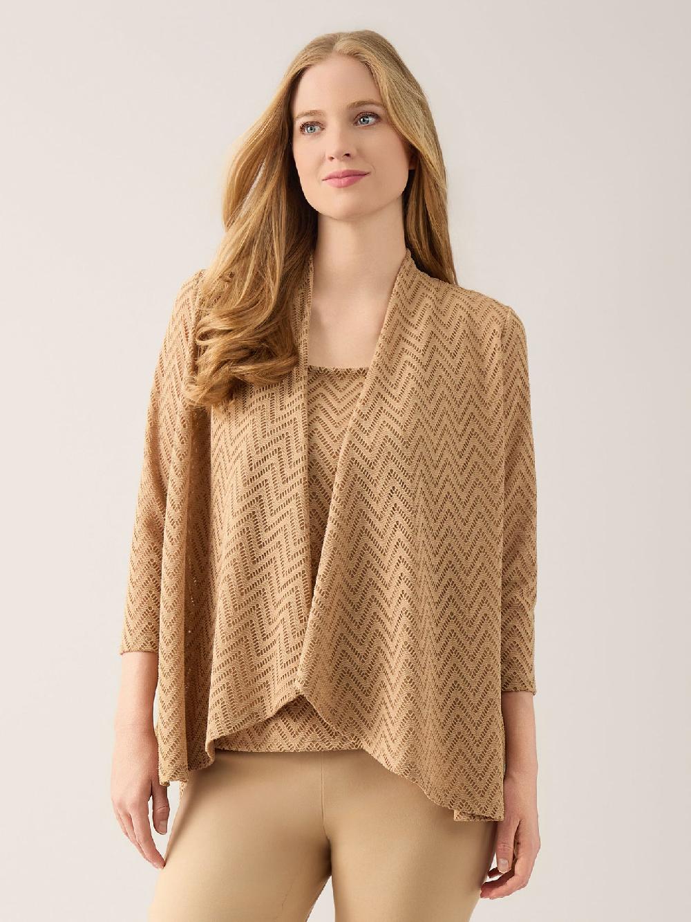 kasper Hi-Lo Burnout Herringbone Cardigan Crepe
