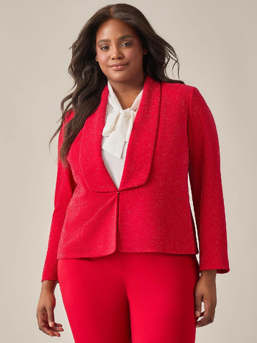 kasper Lurex Knit Shawl Collar Jacket Crimson