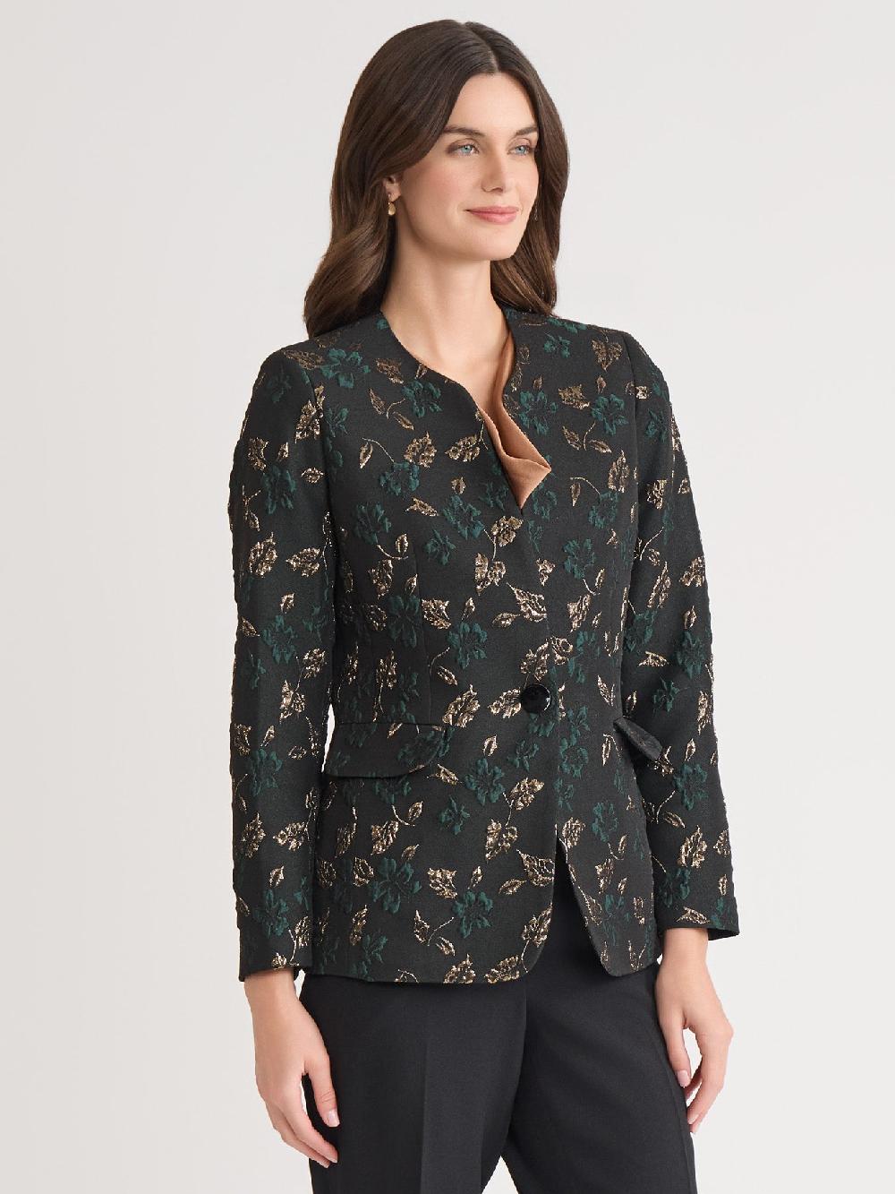 Kasper One Button Collarless Jacket Jacquard Knit