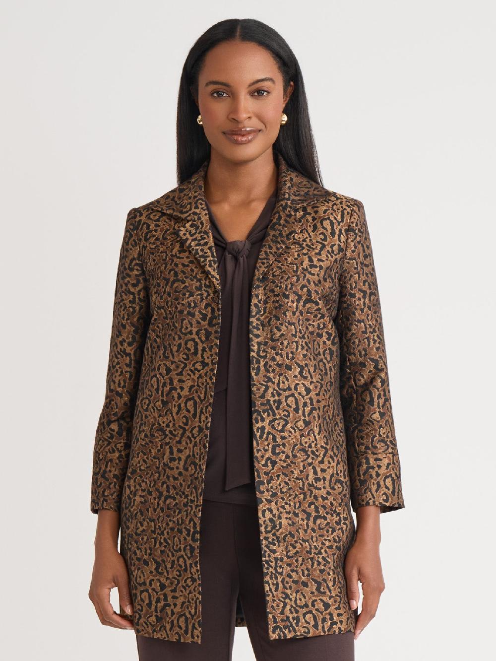 kasper Open Front Topper Leopard Jacquard