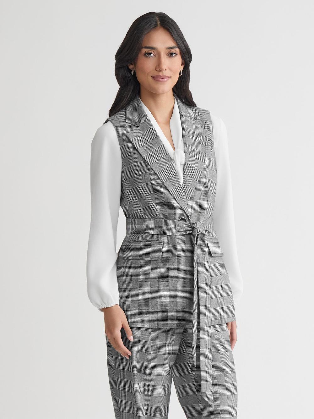 Kasper Petite One Button Belted Vest Glen Plaid