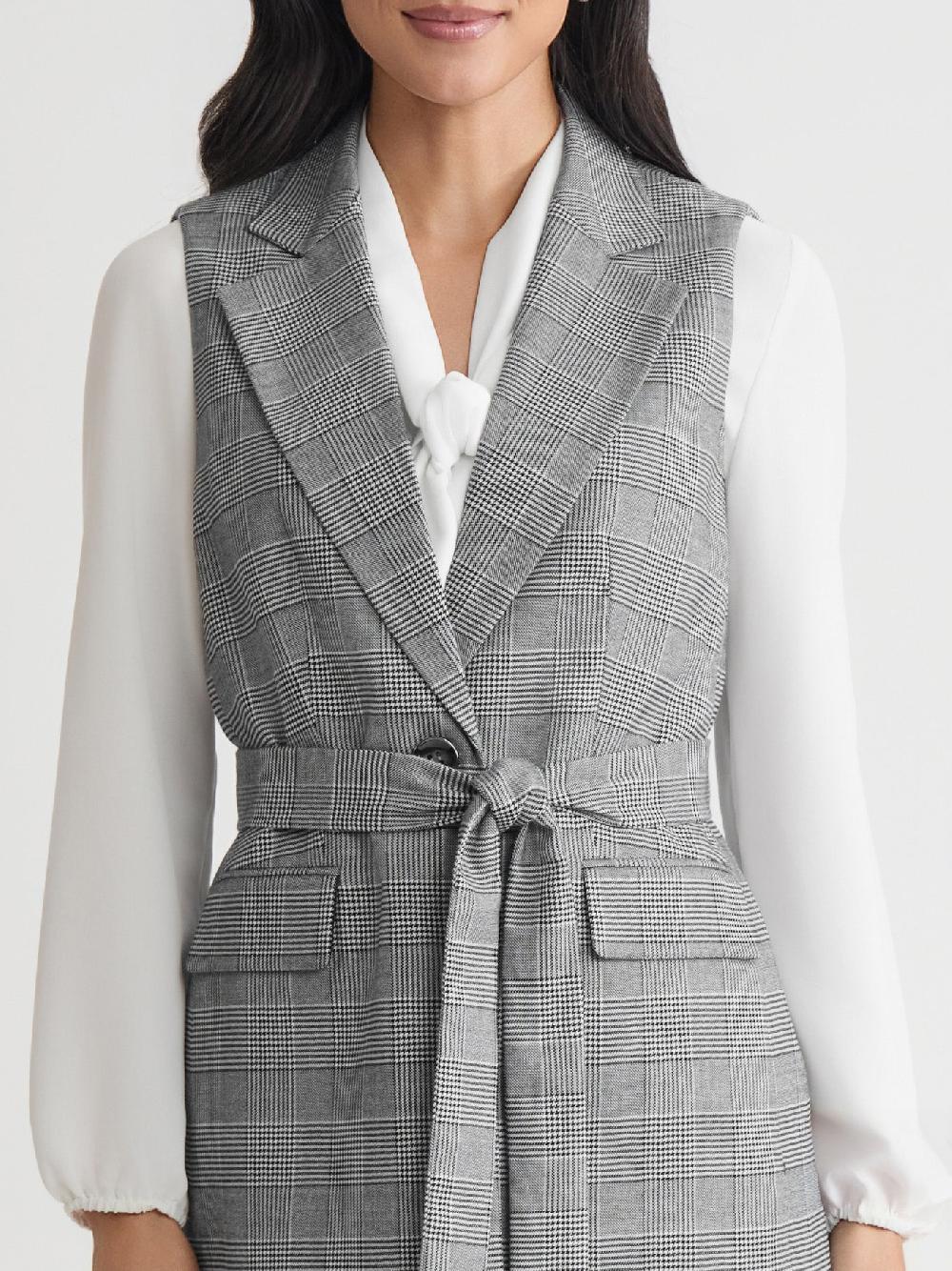 Kasper Petite One Button Belted Vest Glen Plaid