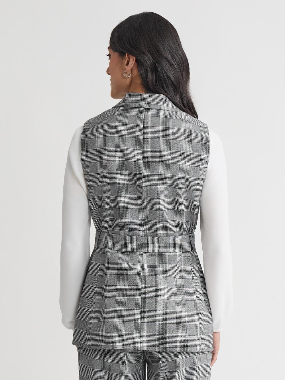 Kasper Petite One Button Belted Vest Glen Plaid