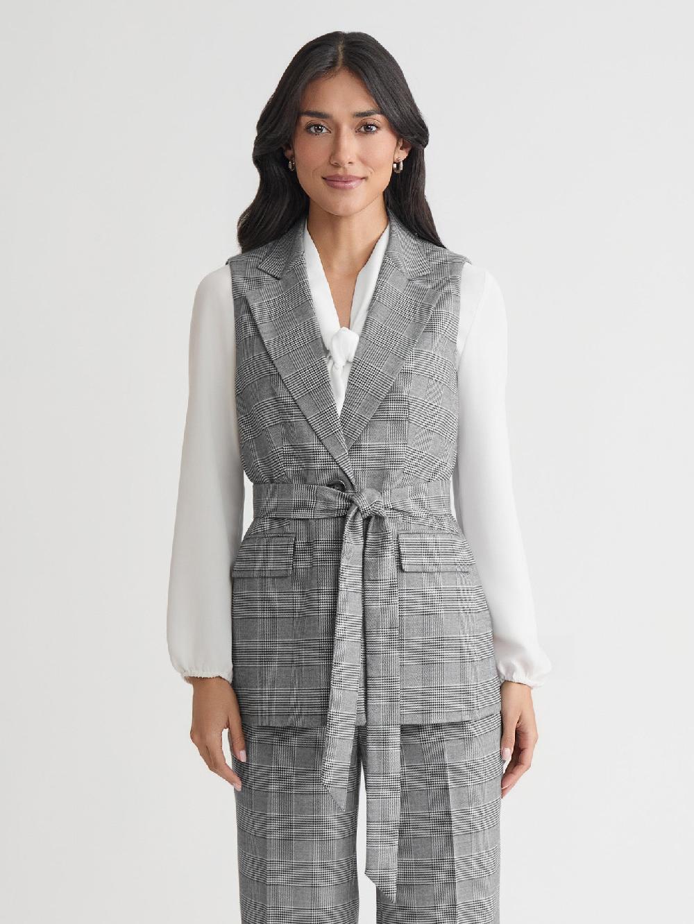 kasper Petite One Button Belted Vest Glen Plaid
