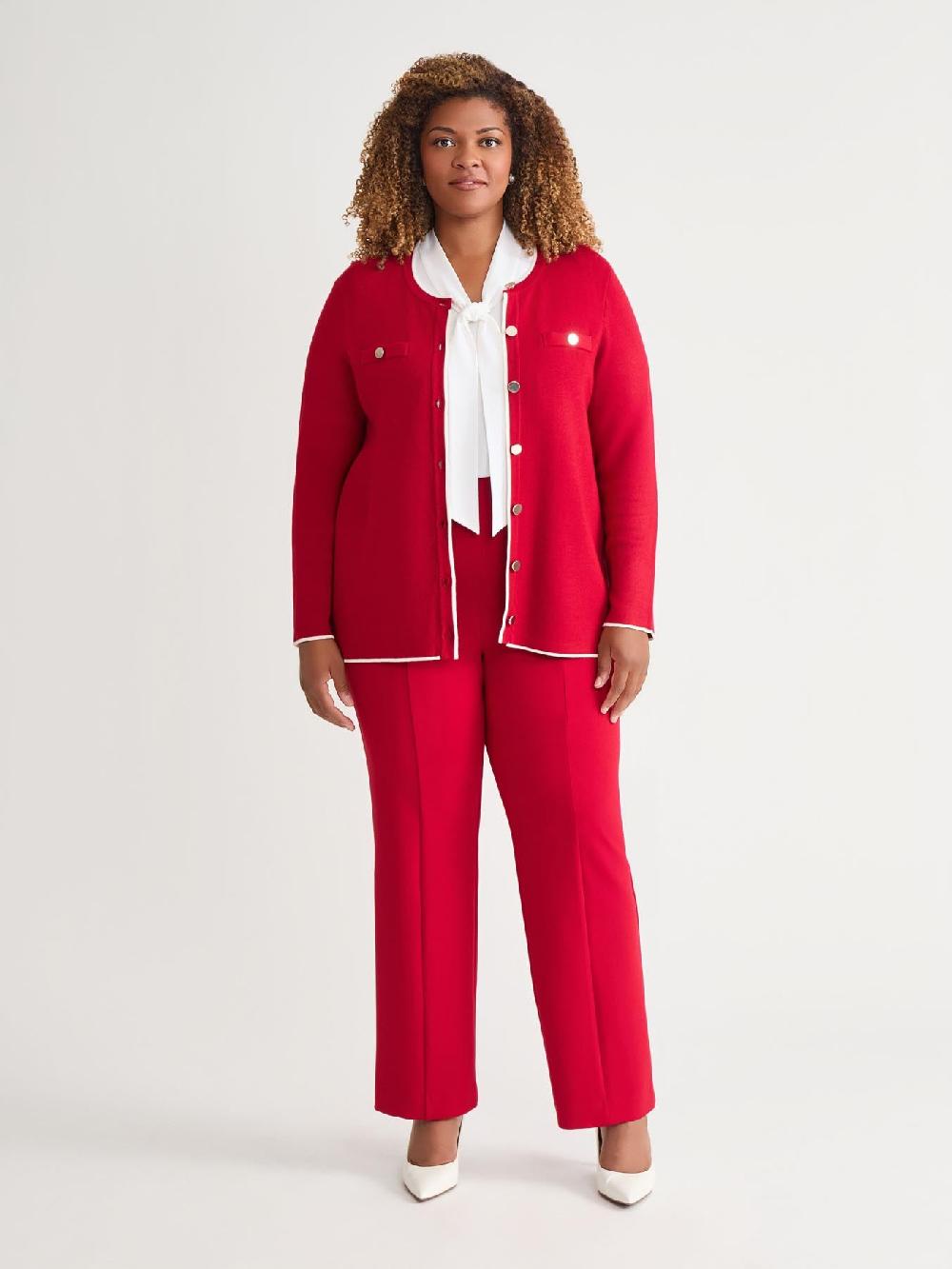 Kasper Piping Detail Cardigan Crimson/Cream