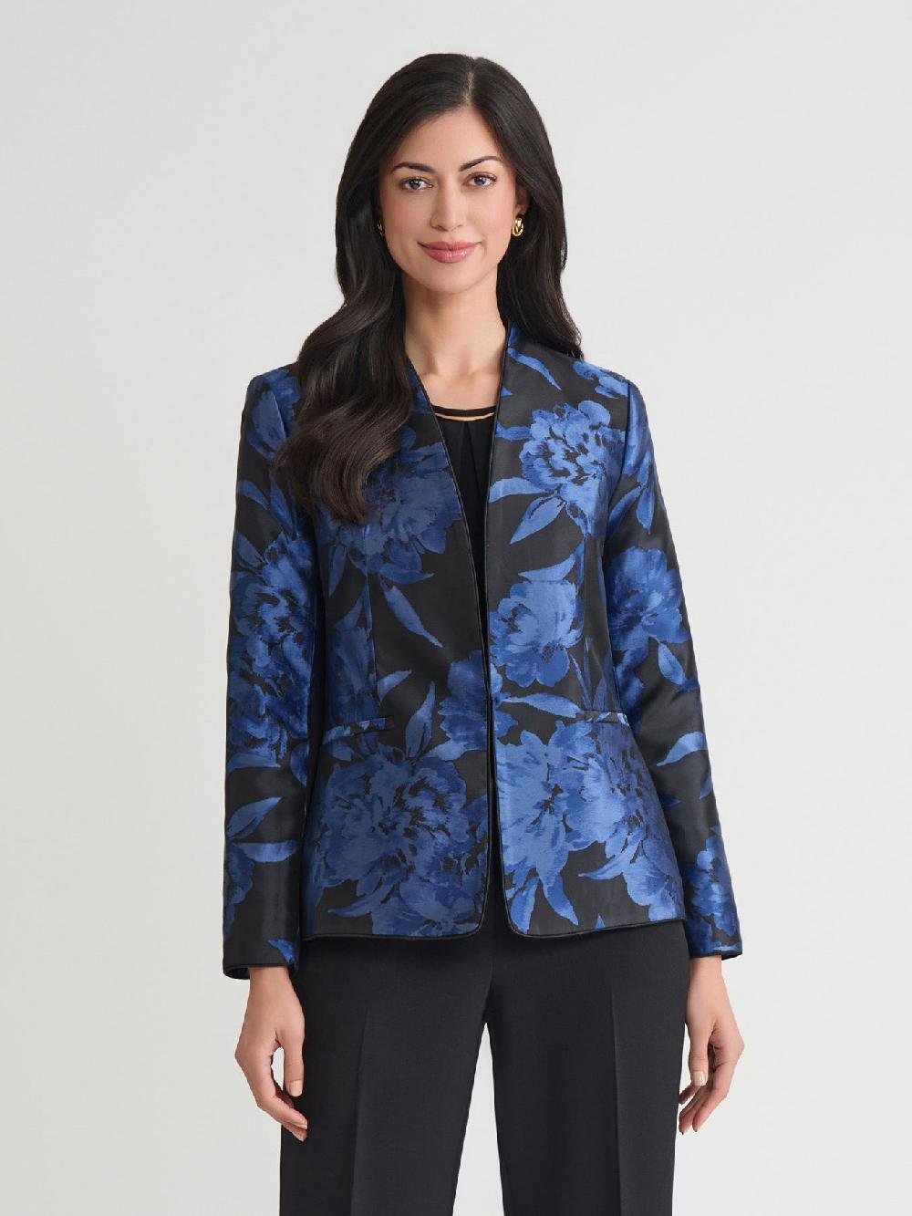 kasper Plus Floral Jacquard Collarless Jacket
