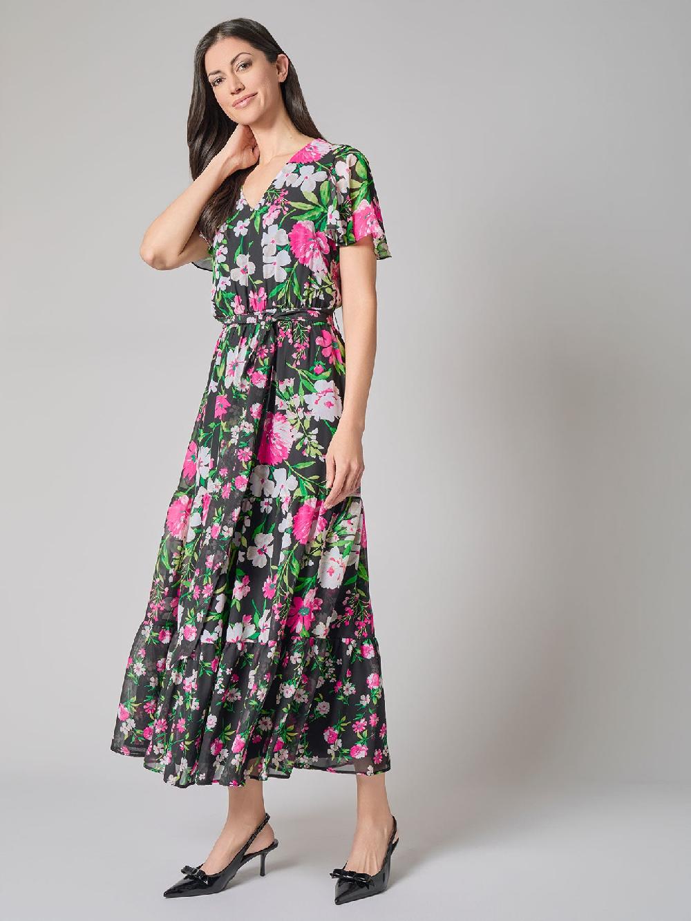 Kasper Plus Flutter Sleeve Dress Printed Chiffon
