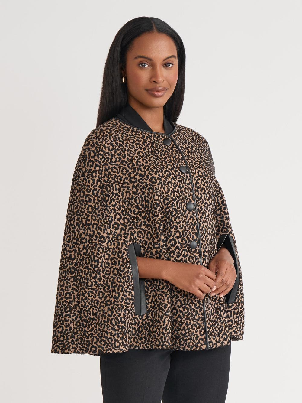 Kasper Plus Leopard Print Cape Knit Jacquard