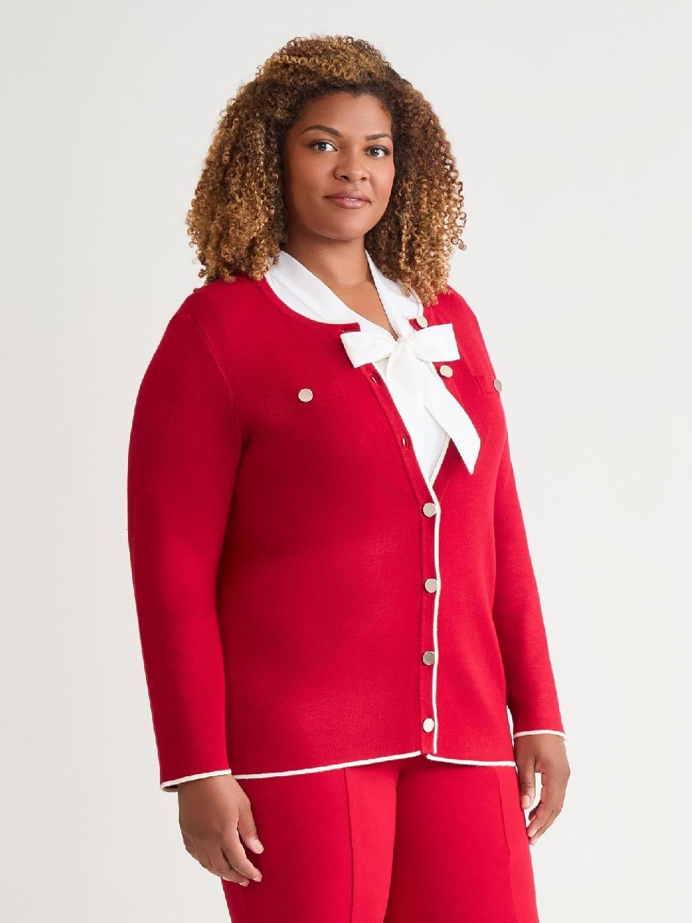 Kasper Plus Piping Detail Cardigan Crimson/Cream