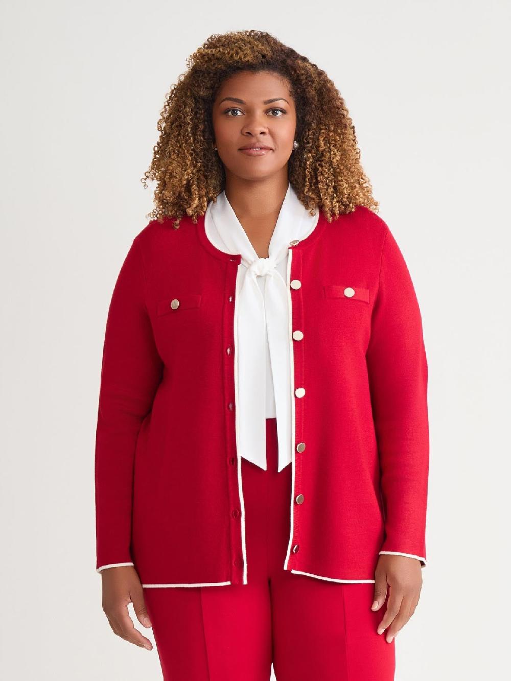 kasper Plus Piping Detail Cardigan Crimson/Cream