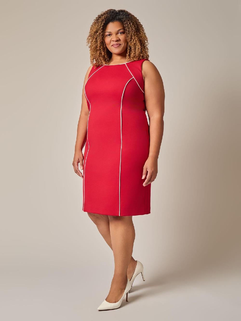 Kasper Plus Piping Detail Dress Crimson/Cream