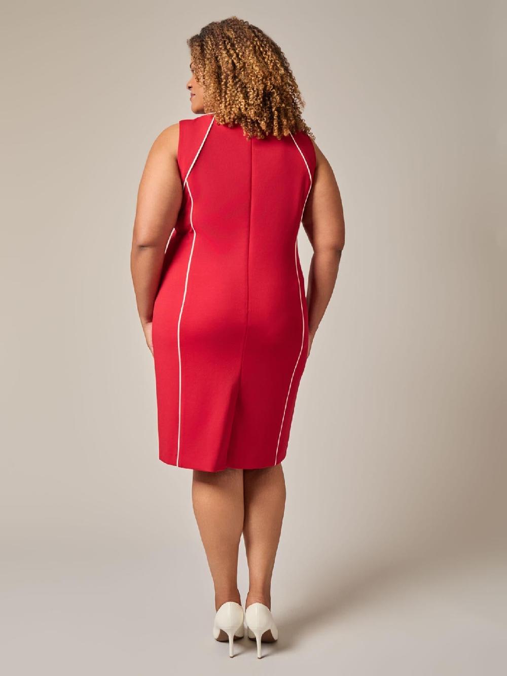 Kasper Plus Piping Detail Dress Crimson/Cream
