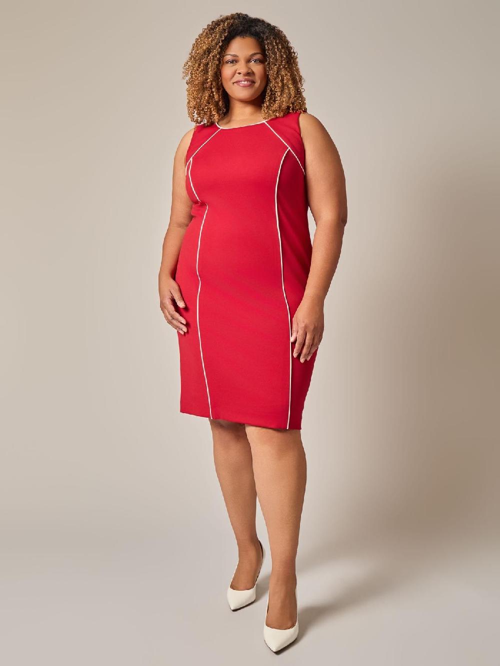 kasper Plus Piping Detail Dress Crimson/Cream