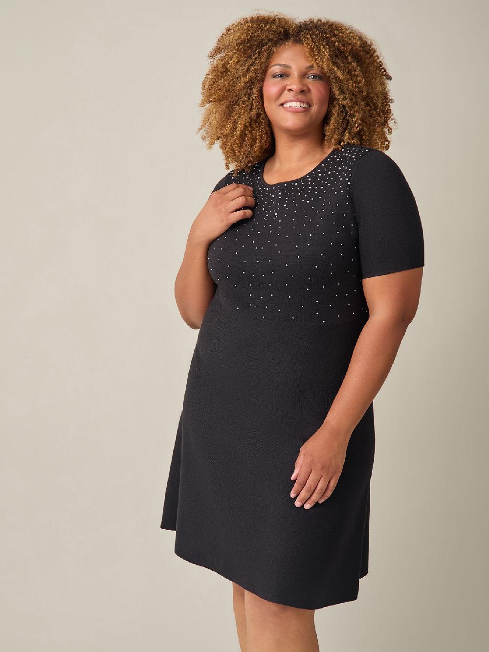 Kasper Plus Quarter Sleeve Crew Neck Dress Black