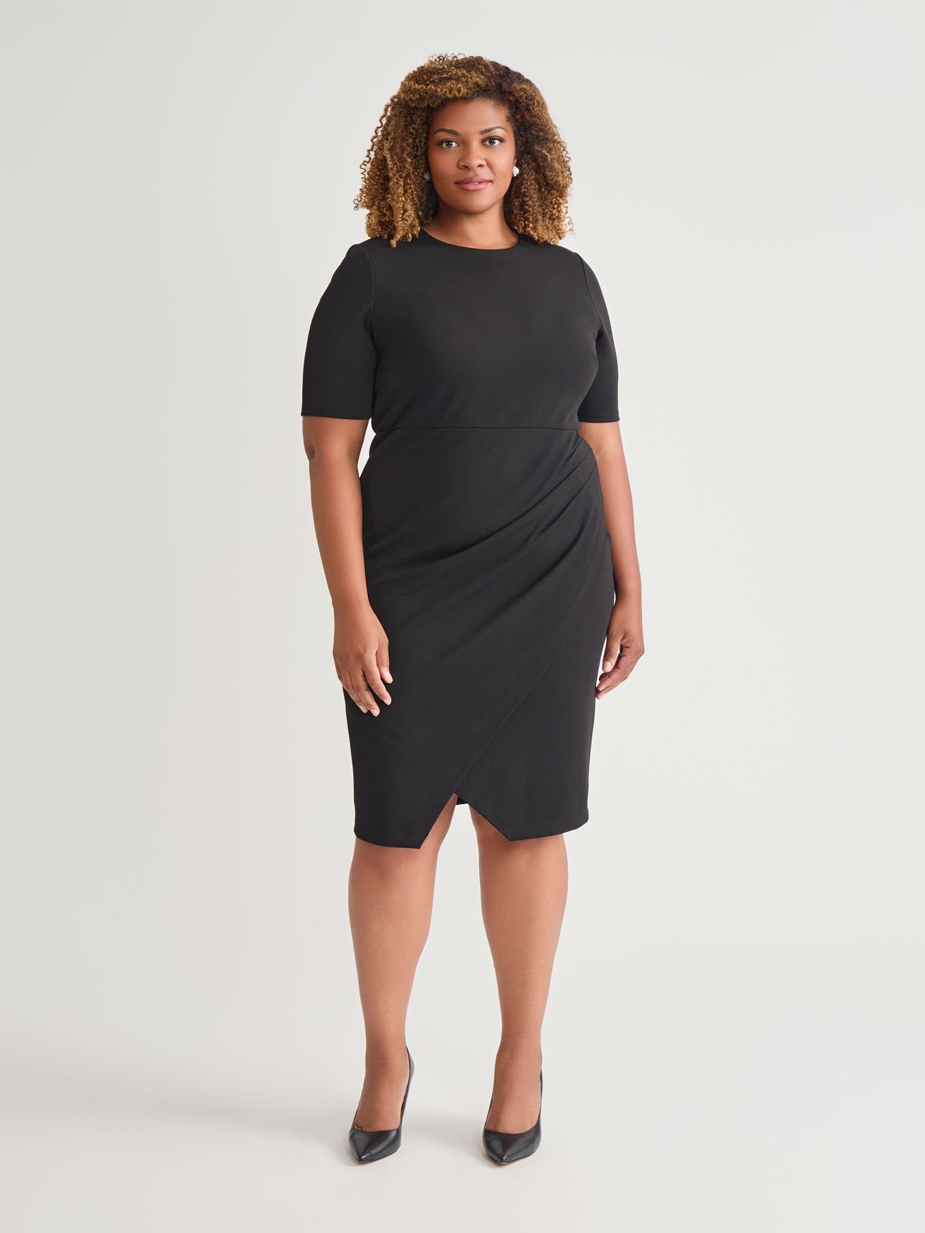 kasper Plus Short Sleeve Wrap Skirt Dress Black