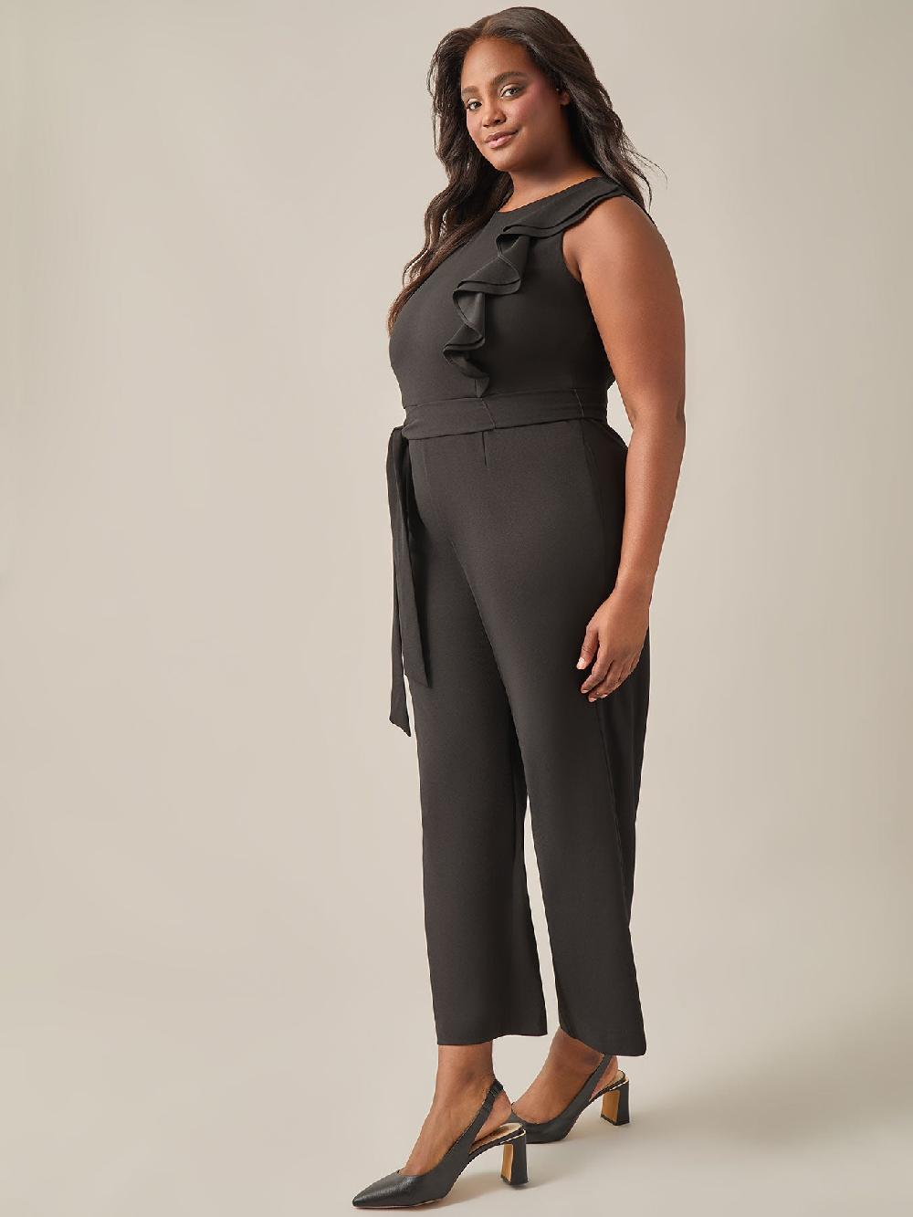 Kasper Plus Size Ruffle Shoulder Jumpsuit Black