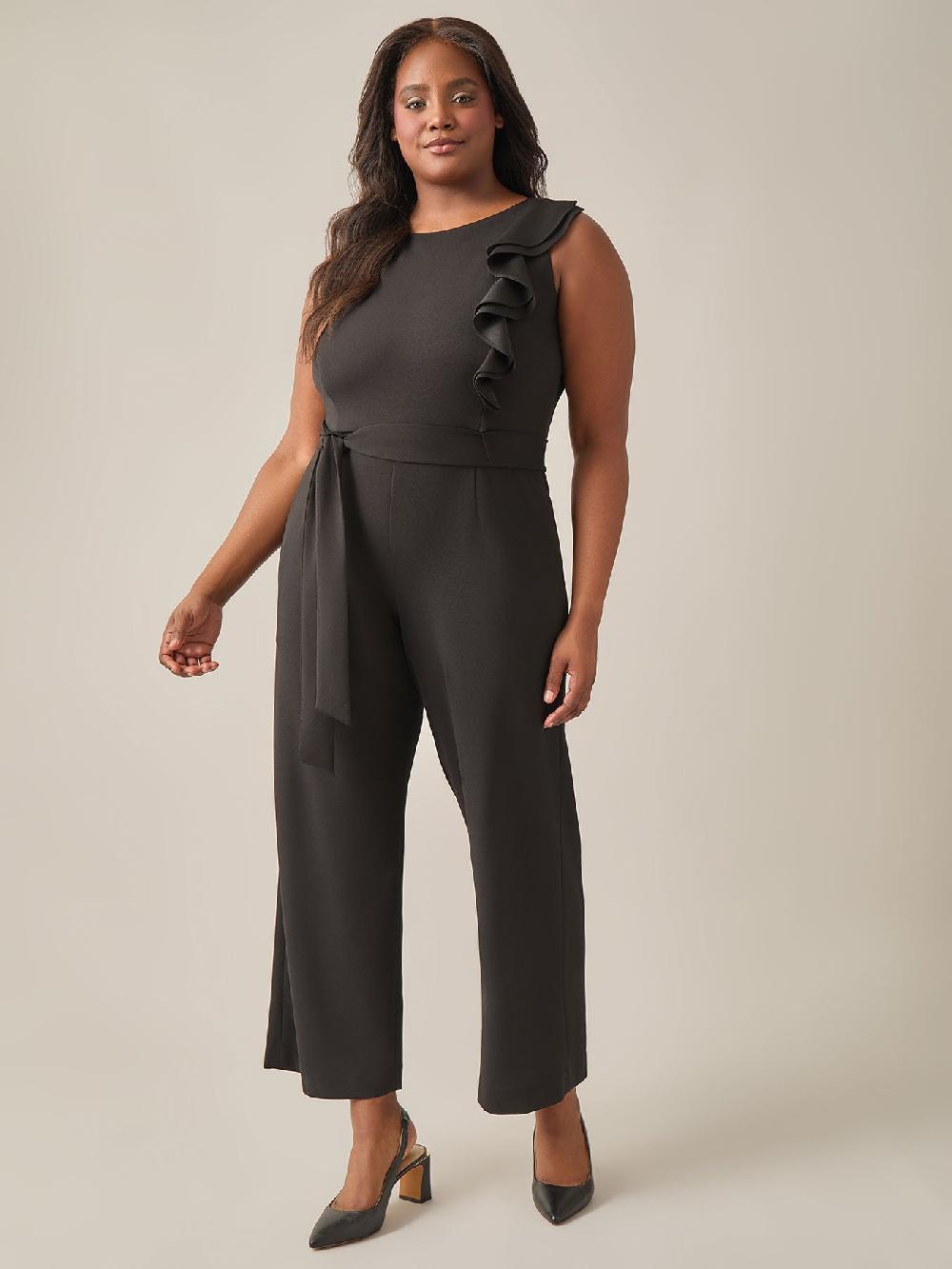 kasper Plus Size Ruffle Shoulder Jumpsuit Black