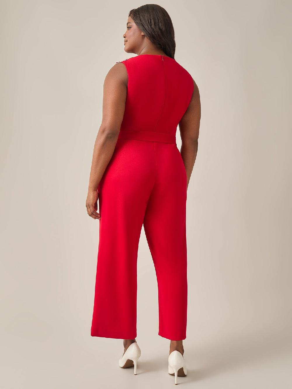 Kasper Plus Size Ruffle Shoulder Jumpsuit Crimson