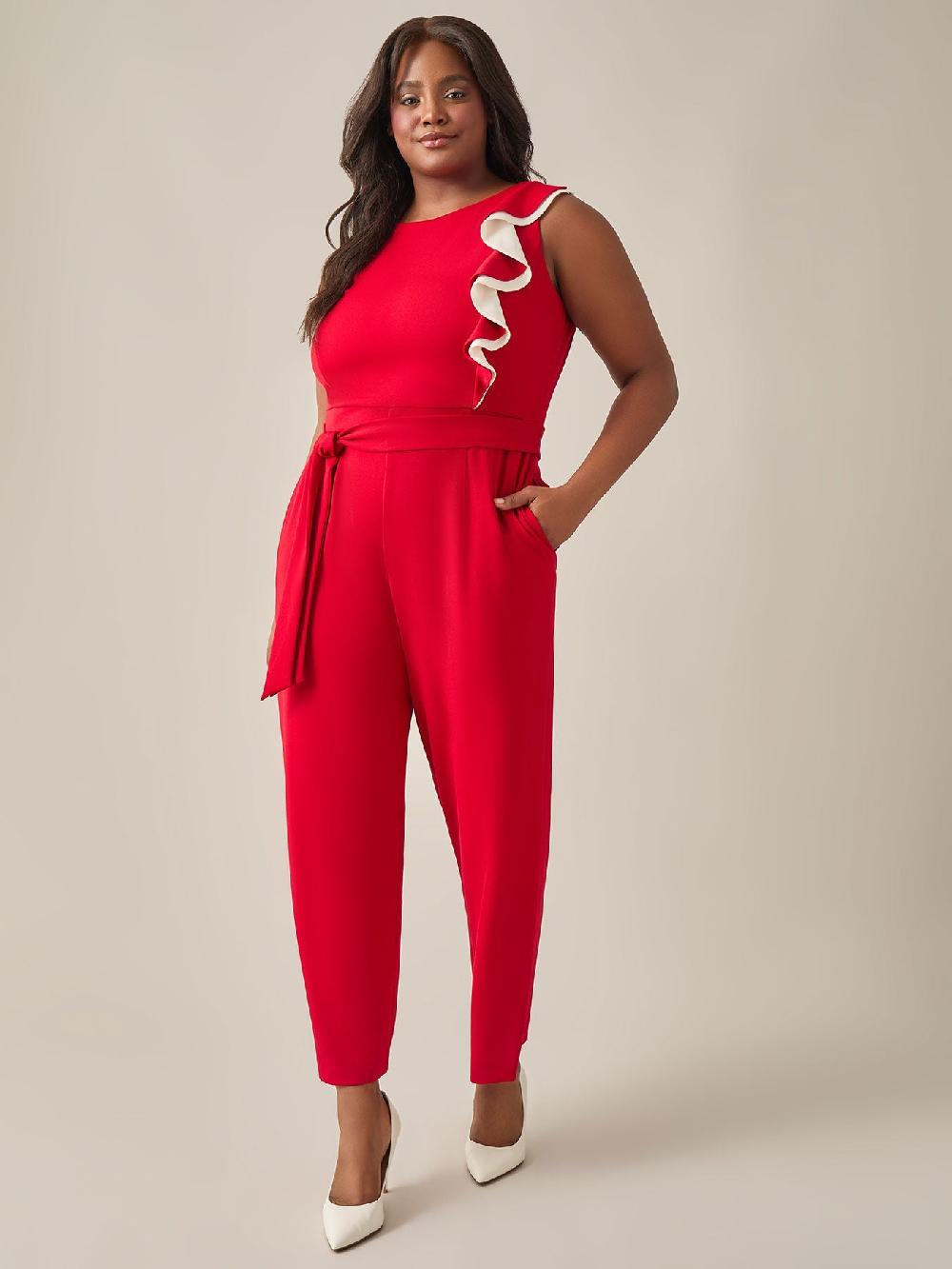 kasper Plus Size Ruffle Shoulder Jumpsuit Crimson