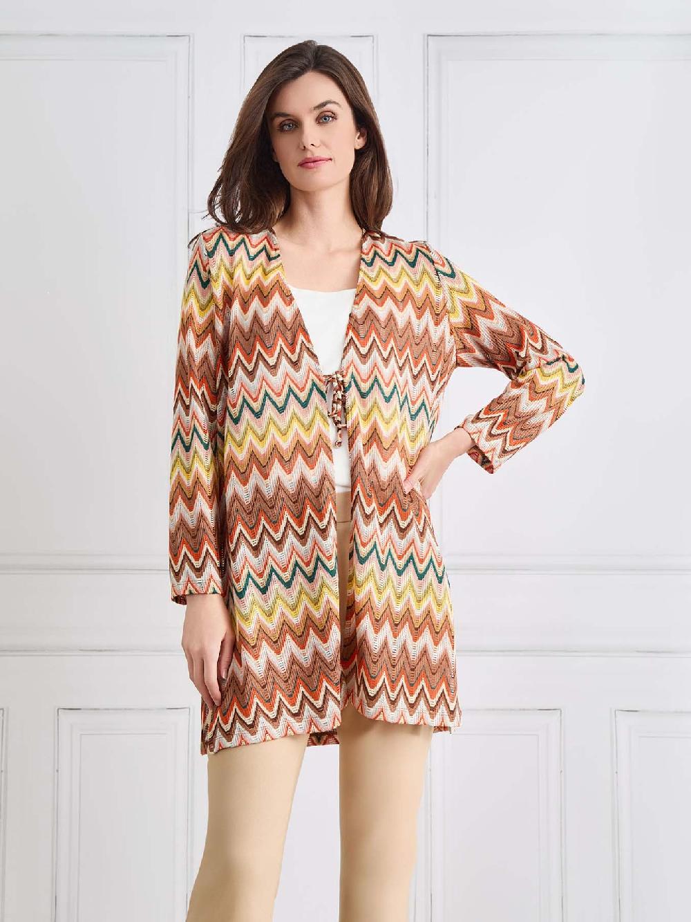 kasper Plus Tie Front Chevron Knit Cardigan
