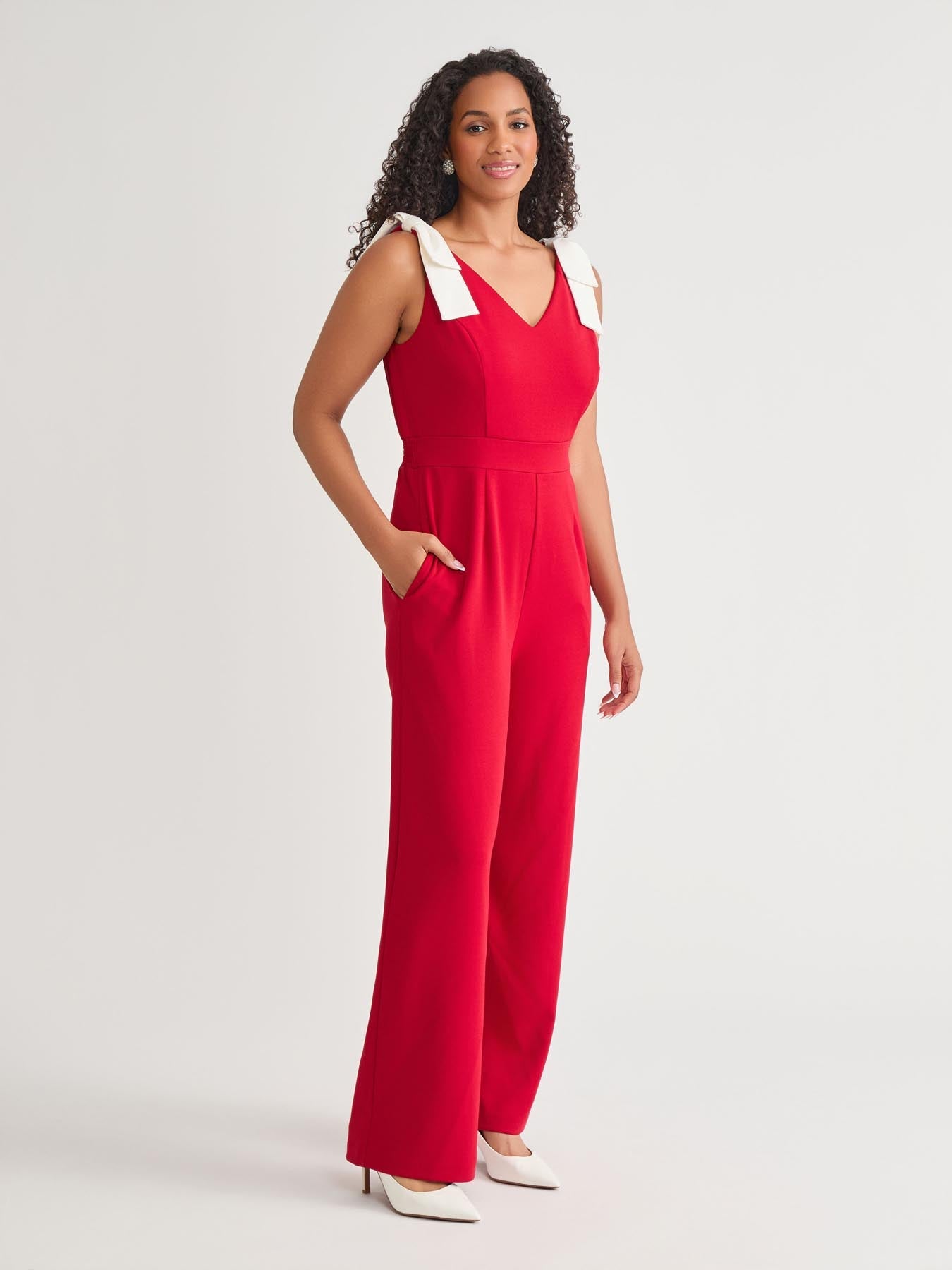 Kasper Plus Tie Strap Jumpsuit Crimson/Cream
