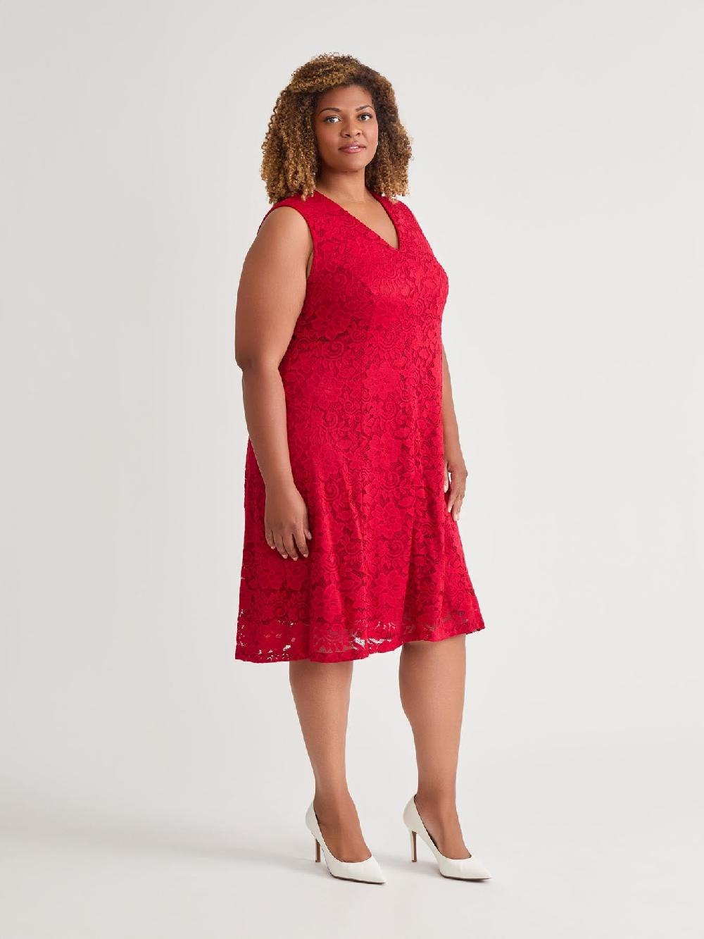 Kasper Plus V-Neck Fit-and-Flare Dress Crimson