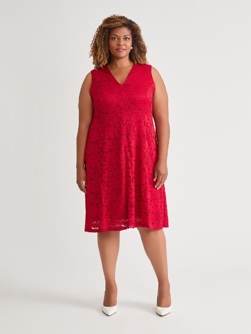 kasper Plus V-Neck Fit-and-Flare Dress Crimson