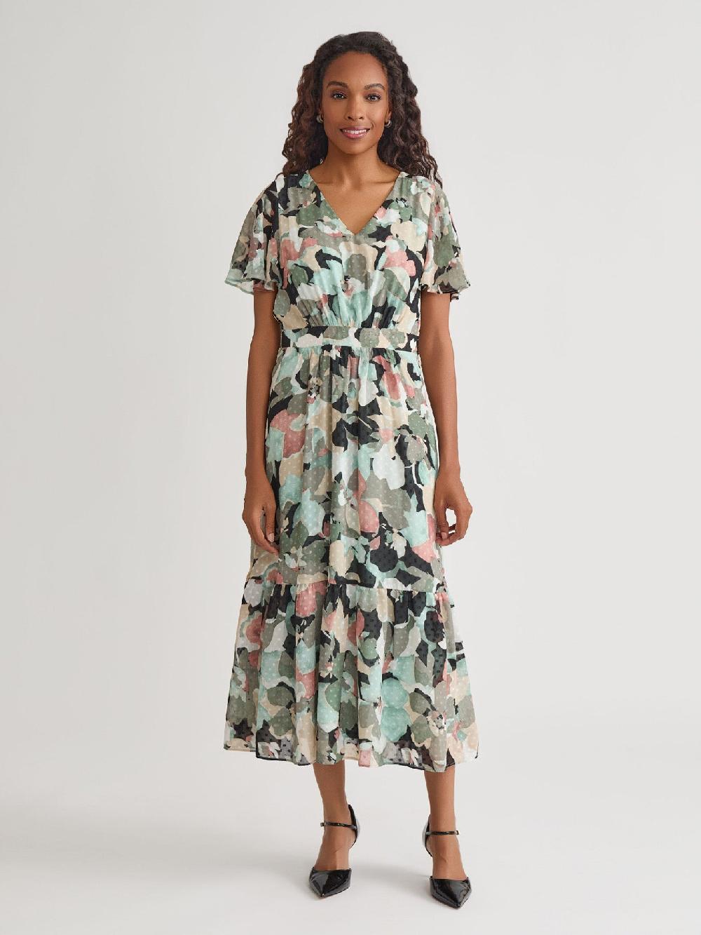 kasper Plus V-Neck Tiered Dress Clip Dot Chiffon