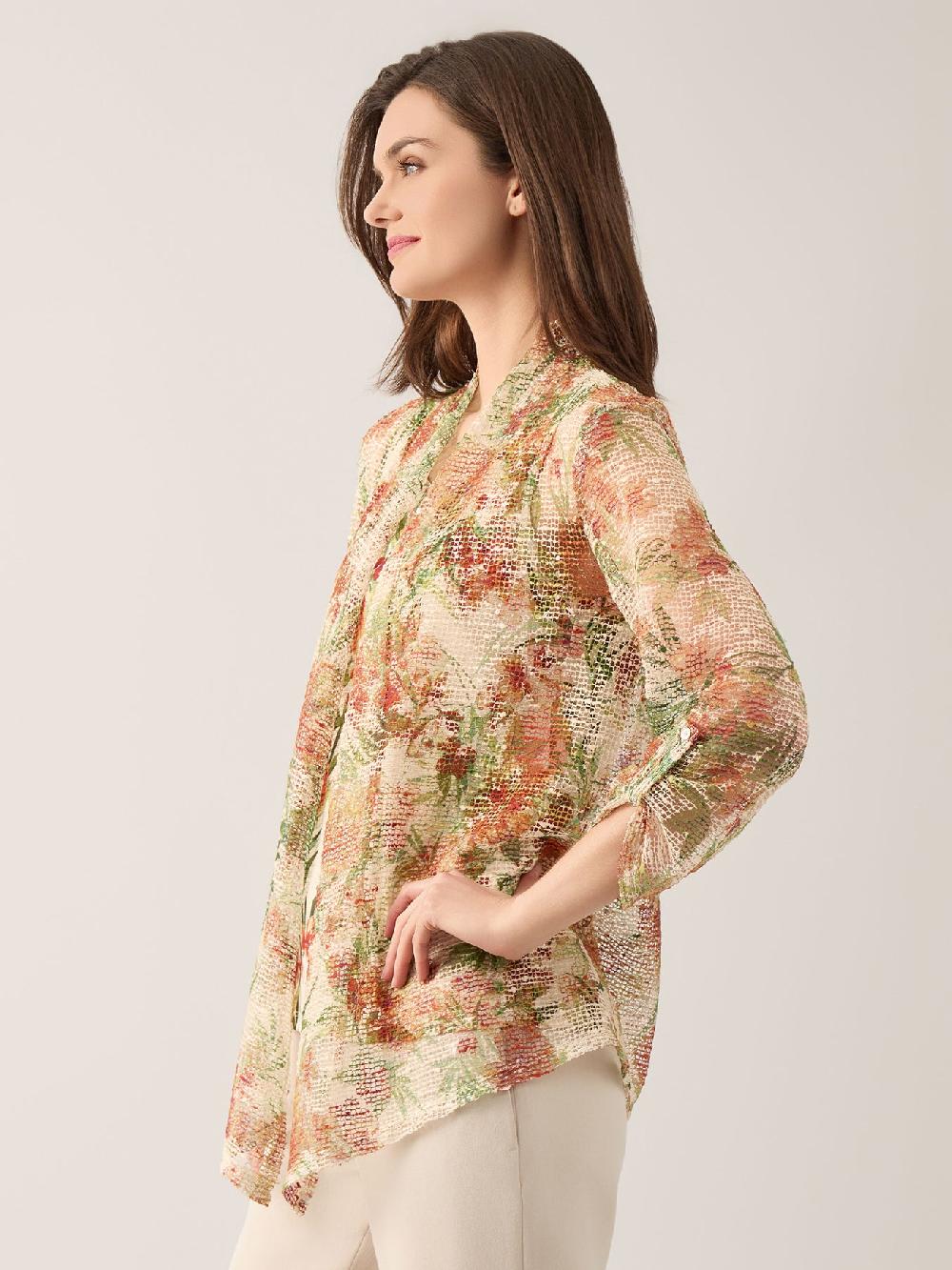 Kasper Printed Knit Tank & Mesh Cardigan Combo Top