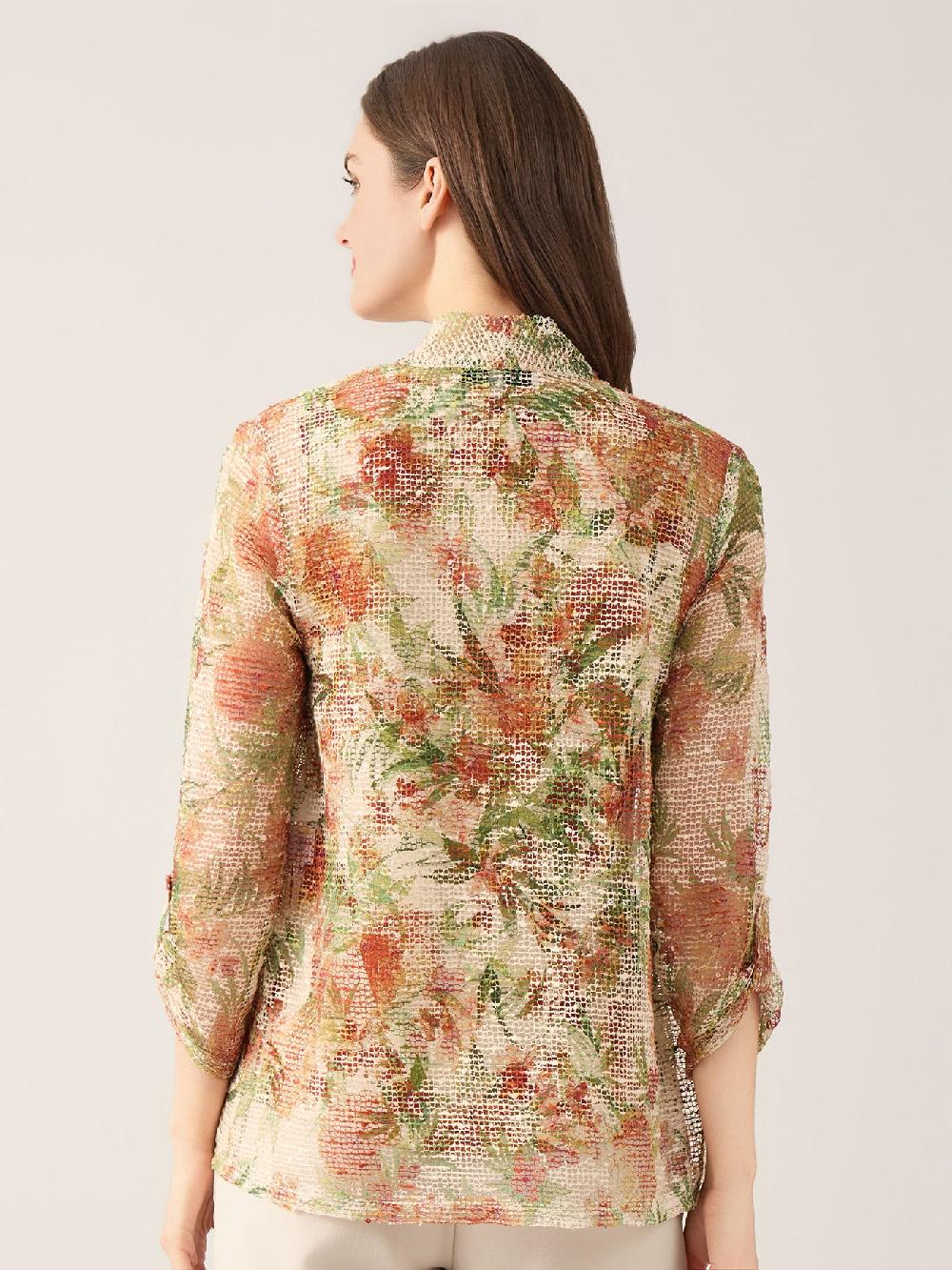 Kasper Printed Knit Tank & Mesh Cardigan Combo Top