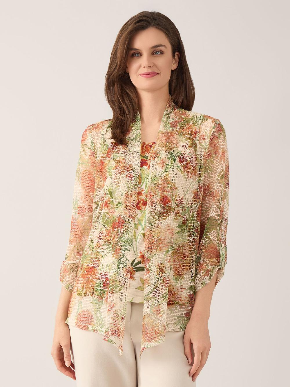 kasper Printed Knit Tank & Mesh Cardigan Combo Top